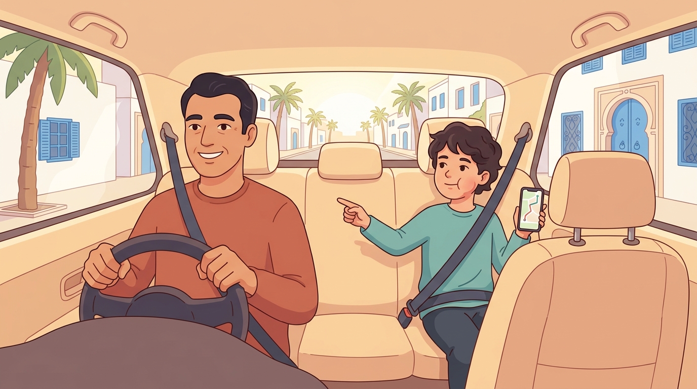 Dans la voiture, Leo lit l'itinéraire sur un téléphone et montre la gauche à son papa